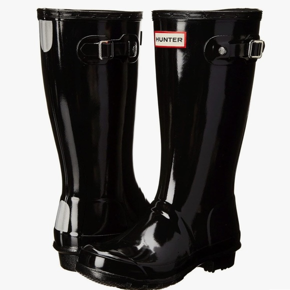 EXCELLENT Condition Kids Hunter Tall Rain Boots Black Gloss Reflective - Picture 1 of 14